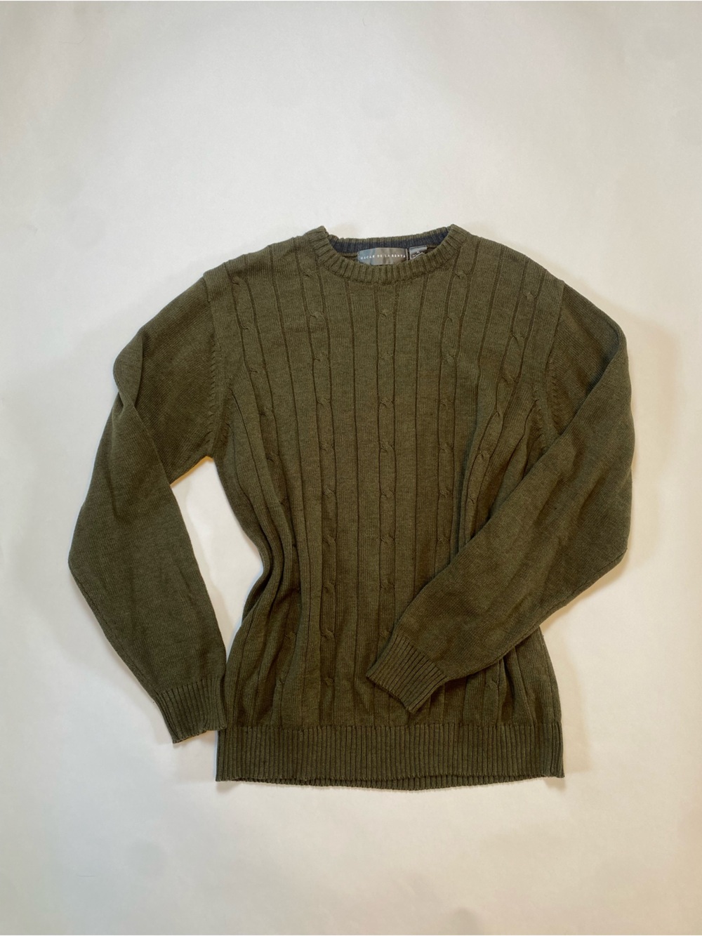 Oscar de la Renta Olive Off-the-Shoulder Cable Knit Sweater